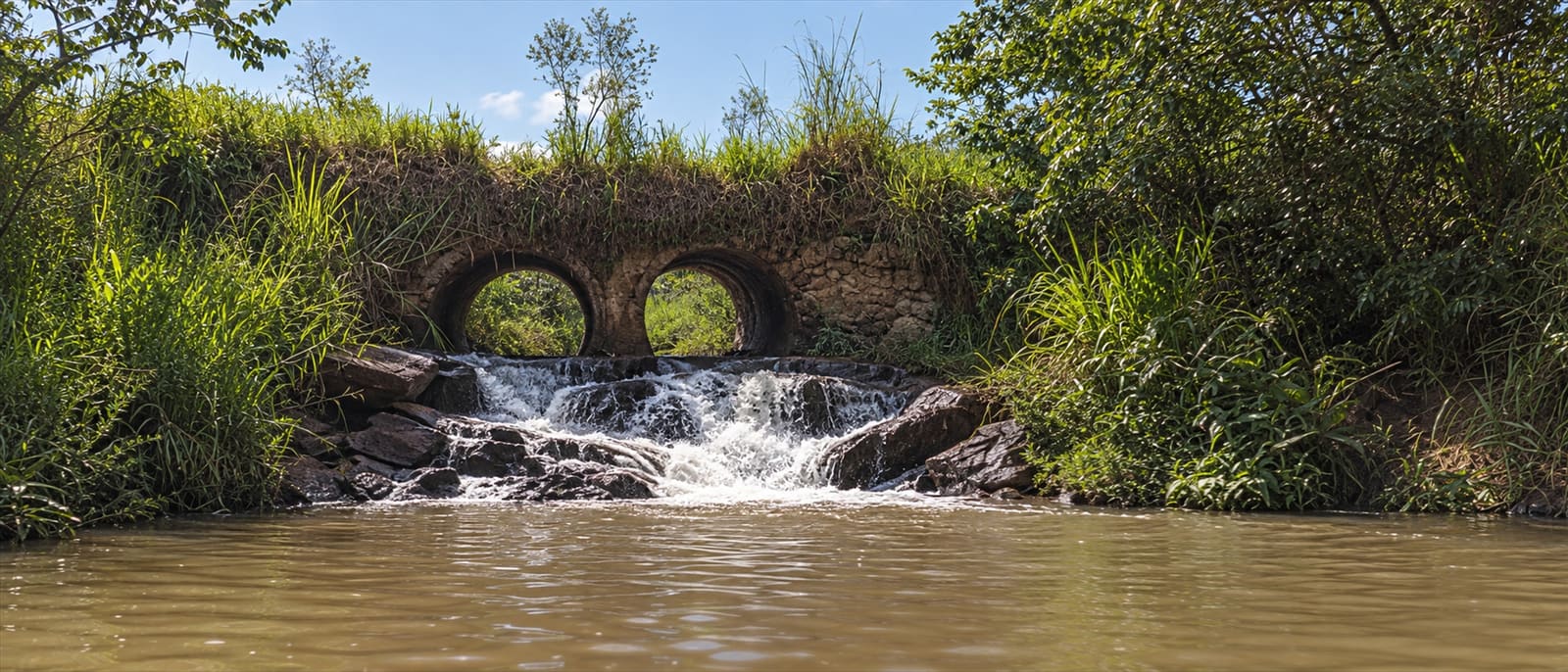 Rio correndo entre pedras sob uma ponte com dois arcos, cercado de vegetação